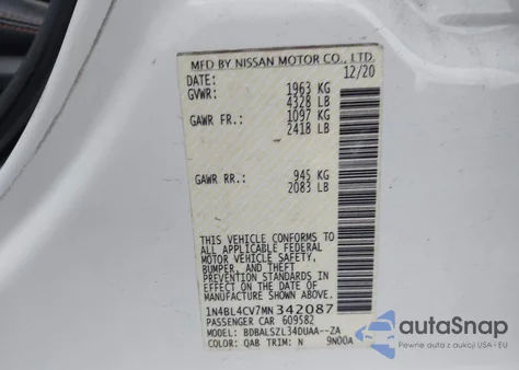 2021 Nissan Altima Sr Fwd from USA, damaged, VIN 1N4BL4CV7MN342087